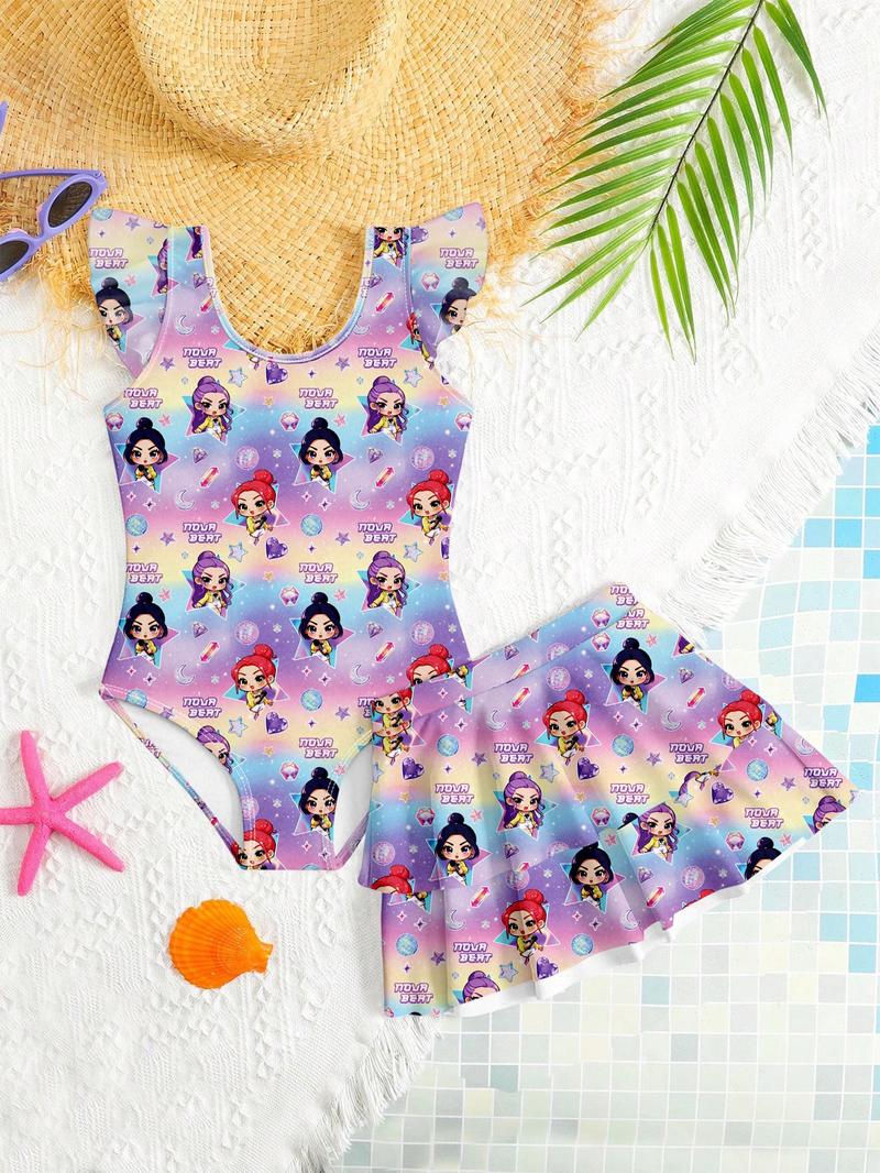 K-Pop Hunter Girl Group Swimsuit, Girls' Starry Sky Gradient Swimwear, Cartoon Character Print, Sweet Cool Two-Piece Bathing Suit, Swim Skirt Set