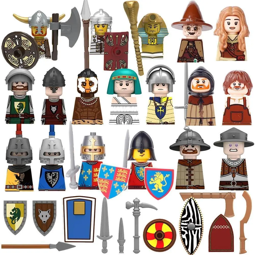 2026 New hot item Medieval MOC Soldier Figure Building Block Roman Warrior Egyptian Pharaoh Peasant Witches Militia Weapons DIY Mini Toy Gift T019