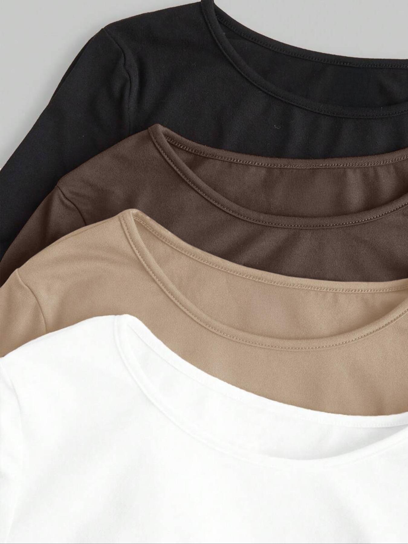 Women's Spring Autumn Round Neck Solid Color Knit Long Sleeve Fitted T-Shirt Set, Fashion Casual Versatile, 4 Piece Bundle