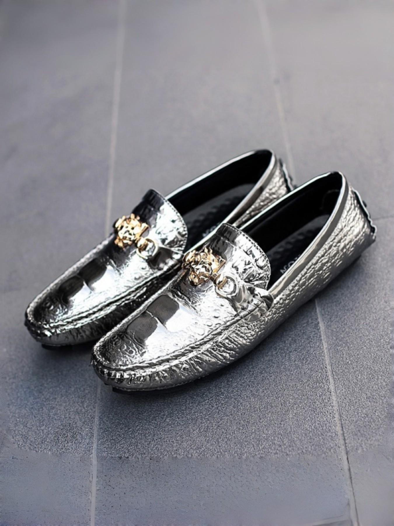 Men's Glossy Crocodile Texture Bean Shoes, Commuter & Fashionable Wear, Leather-Like Finish, Unique Metal Buckle Design
