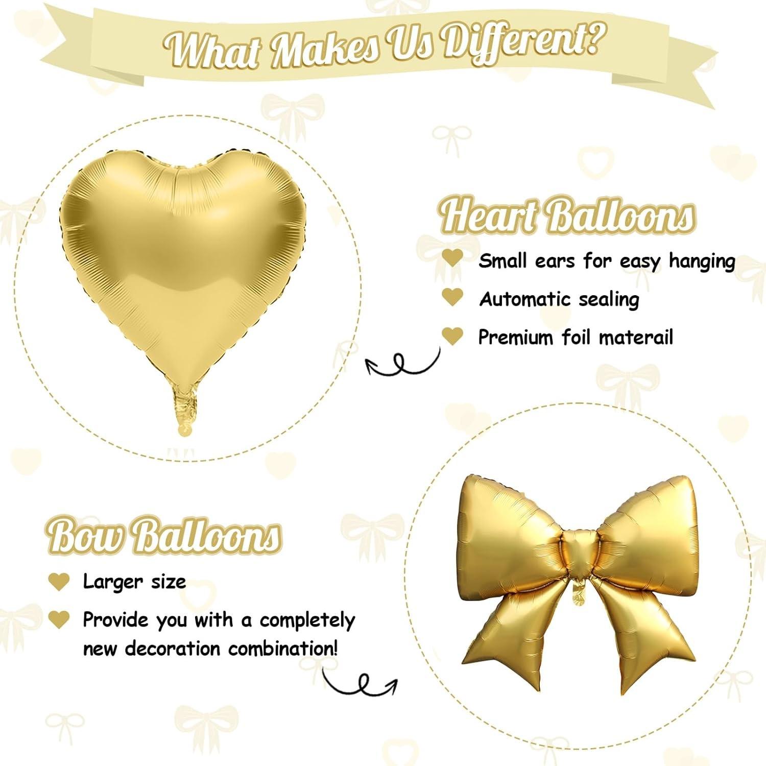 Pink and gold heart-shaped bow balloons, 8 18 inch heart-shaped balloons and 2 38 inch bow balloons (with 2 accessories), suitable for girls' birthdays, Valentine's Day, baby showers, wedding anniversary decorations