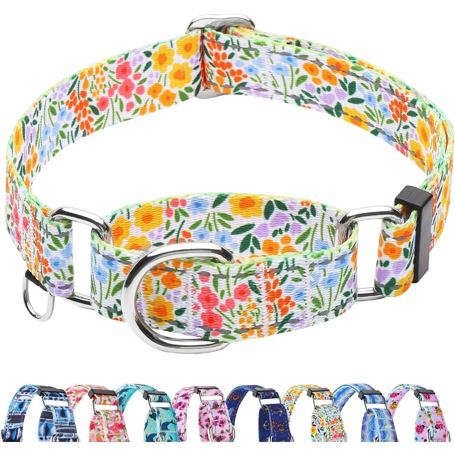 Reflective Martingale Collar for Dogs Nylon Training Collar with No Buckle Cute Floral No Pull Dog Collar for Medium Dogs (Yellow Flower, M)