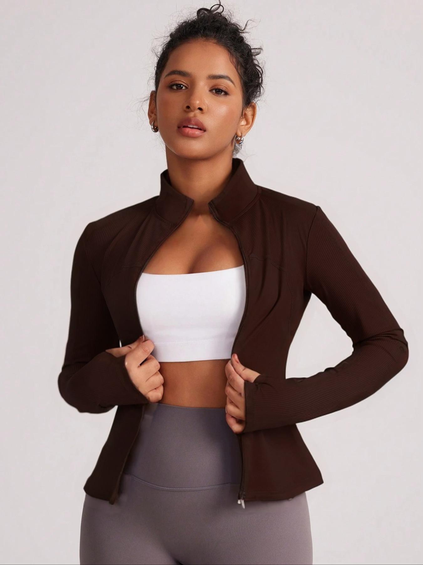 Women's Solid Zip Up Sports Jacket, Sporty Long Sleeve Stand Collar Outerwear for Gym Workout Running, Ladies Sportswear Womenswear for All Seasons