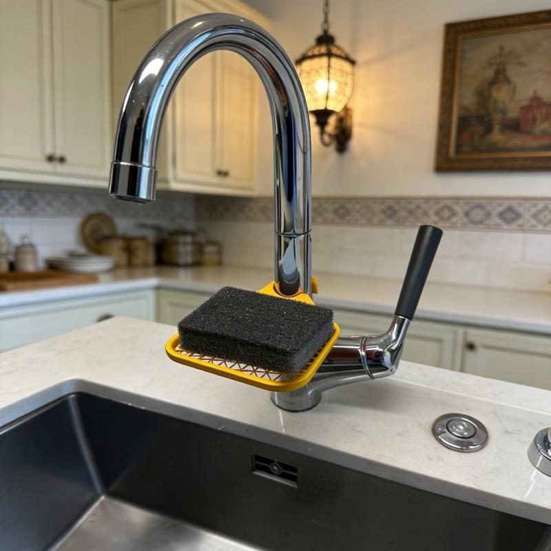 Sink Organizer Drain Rack - Multi-functional Plastic Storage Rack, Fits 28MM Faucet, Holds Sponges, Soap Brushes and Dish Cloths, Easy to Clean, Kitchen Accessory