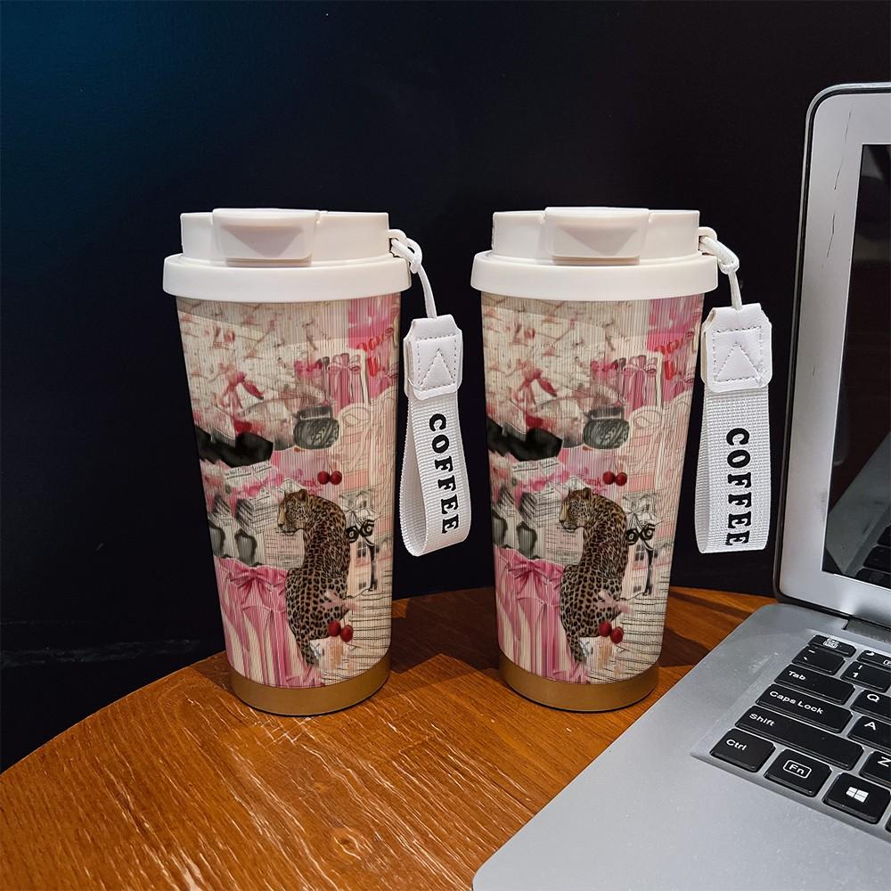 Abstract Leopard Print Coffee Cup, Portable Dual Drink Insulated Tumbler, Keeps Hot/cold, Boho Style, Ideal for Office, Travel, Sports