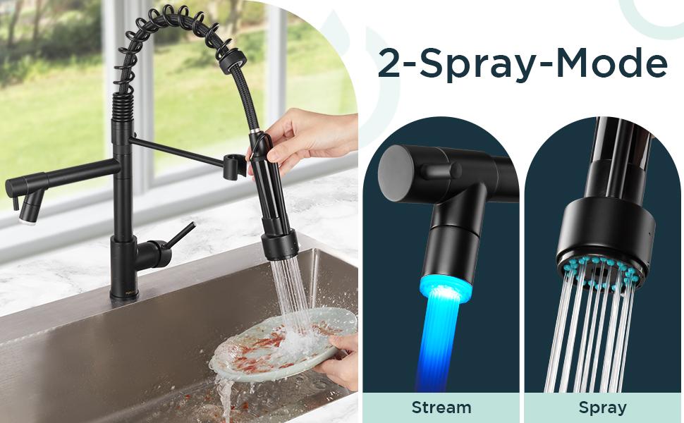 FORIOUS Commercial Spring Kitchen Faucet with Dual Heads & LED Stainless Steel Pull Down Sprayer Standard Aerator 360° Swivel Matte Black