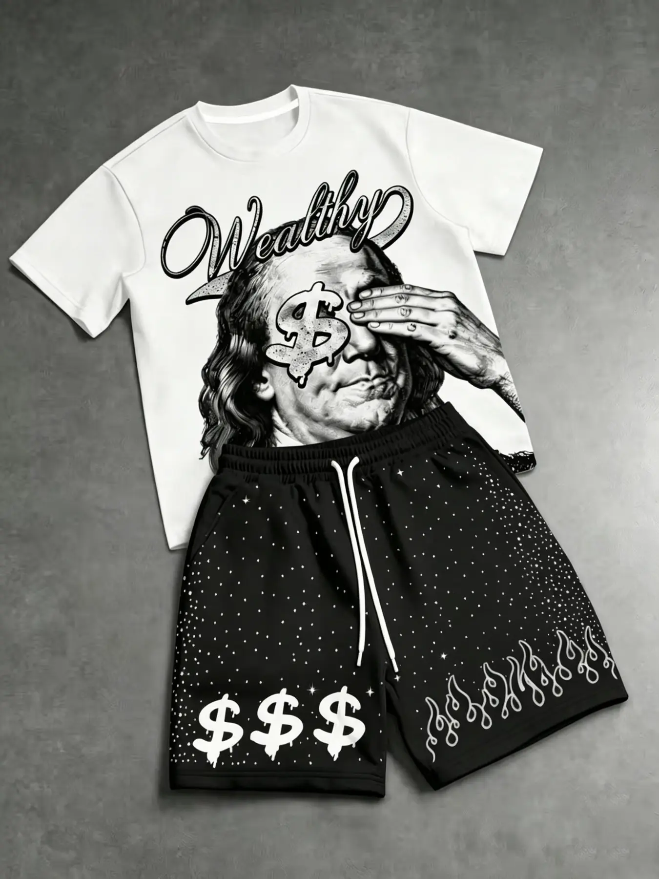 Men's "Wealthy" Print 2-Piece Outfit Set, Loose Fit Oversized T-Shirt & Drawstring Shorts with Dollar & Flame Details, Retro Y2K Streetwear Tracksuit for Summer, Campus, Casual Outings, Parties, Travel, and Hip-Hop Fashion, Menswear