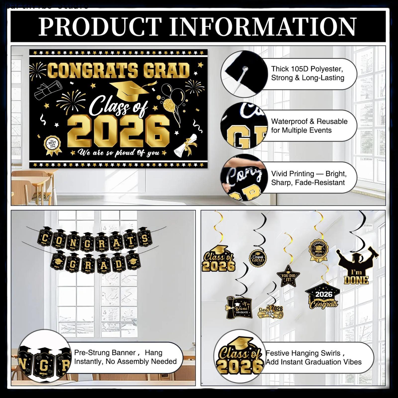 2026 Graduation Decorations Set, Complete Black & Gold Kit with Backdrop & Balloons, Elegant Congrats Banner for High School, Aesthetic Supplies for Home, Summervibes Edition, Graduation Decorations 2026