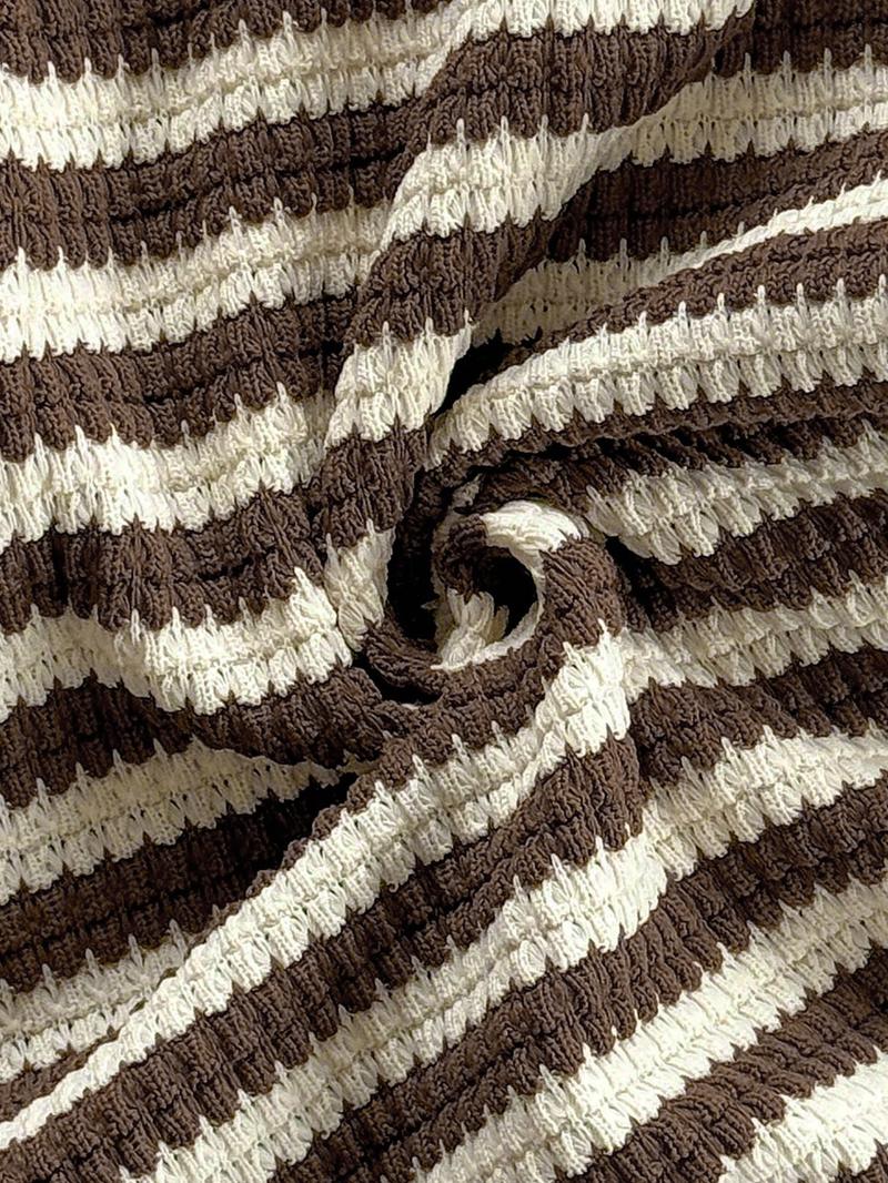 Women's Casual Knitted Striped Backless Short Sleeve Top with Elastic Waist Shorts, Perfect for Vacation Wear, 2 Piece Set