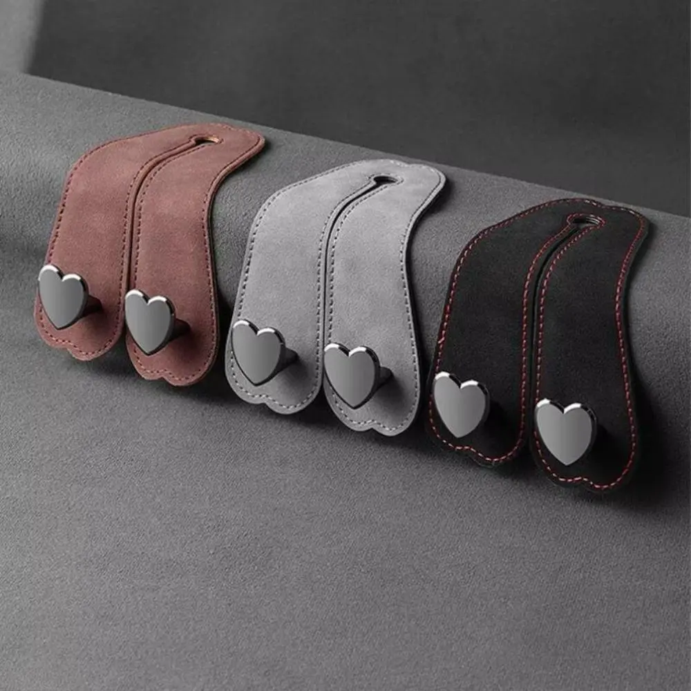 2-Pack Soft Leather Heart-Shaped Car Headrest Hooks, Heavy-Duty Universal No-Drill Double Hooks, Car Interior Accessories for Backseat Bag, Purse Storage Hangers