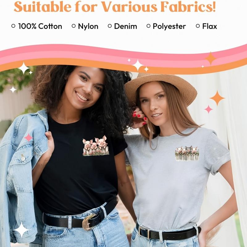 8Pcs Cute Pig DIY DTF Transfer Stickers Washable Heat Transfer Design Iron-On Patches for Tshirt Mask Jeans Backpack Crafts Accessories