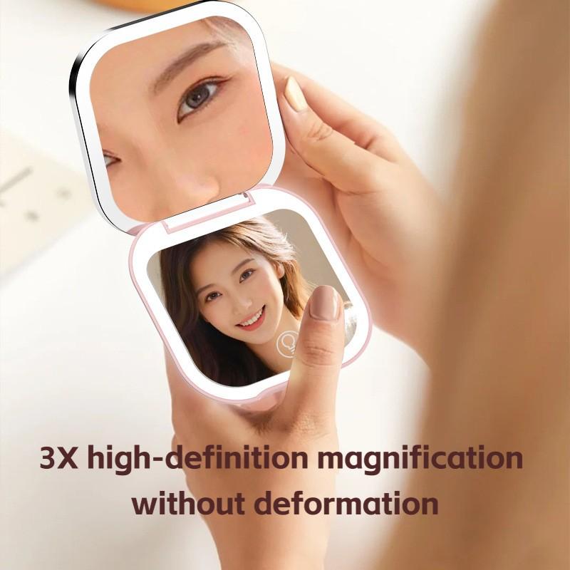 Portable LED Makeup Mirror, Single-Sided with Light, Three-Color Light, Foldable Handheld USB Charging Mini Makeup Mirror, Compact Desktop Vanity Mirror