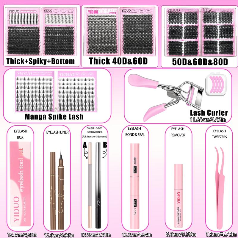 YIDUO 1850pcs/set Lash Clusters Gift Set, 40D/60D/80D/100D Volume Manga Spiky Bottom Lash Extension Kit, 10-20mm D Curl Wispy False Eyelashes with Double-Ended Eyebrow Pencil, Waterproof Eyeliner, Eyelash Curler & Bond and Seal Kit, DIY Lash Kit