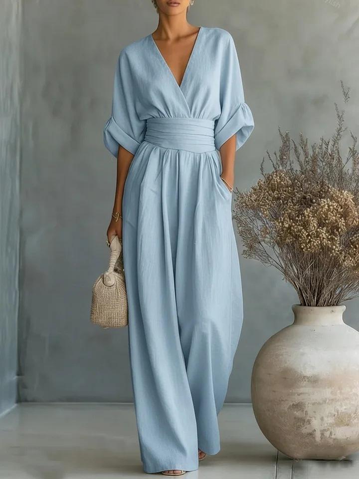 European and American new Amazon solid color elegant waist cinched V-neck temperament women's jumpsuit for women