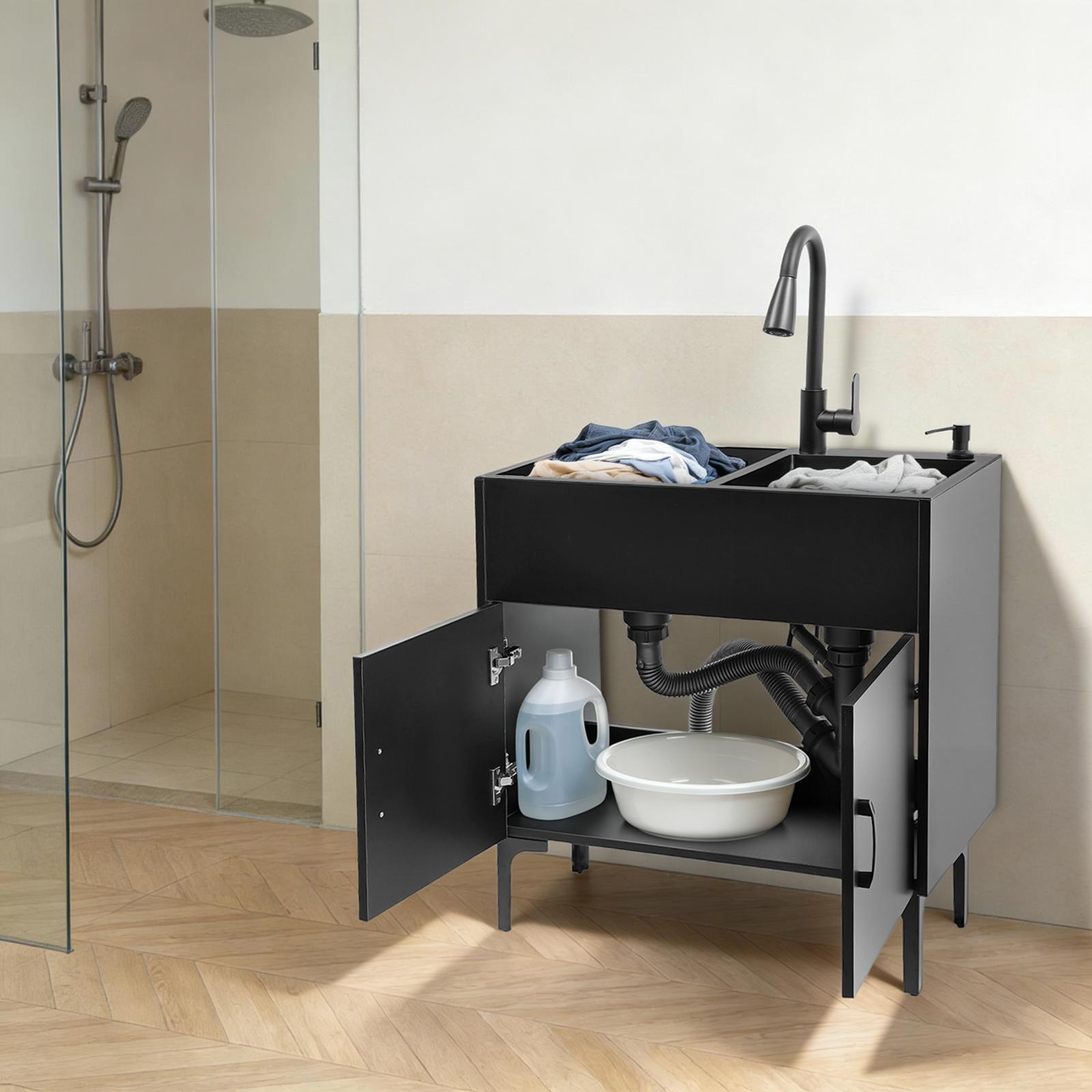 Laundry Utility Sink with Cabinet & Pull-Down Faucet Freestanding Stainless Steel Utility Sinks with 2 Doors Deluxe Bouble Kitchen Sink Wash Station Tub for Laundry & Kitchen, Bathroom(Black) Laundry Utility Sink with Cabinet & Pull-Down Faucet Freestanding Stainless Steel Utility Sinks with 2 Doors Deluxe Bouble Kitchen Sink Wash Station Tub for Laundry & Kitchen, Bathroom(Black)