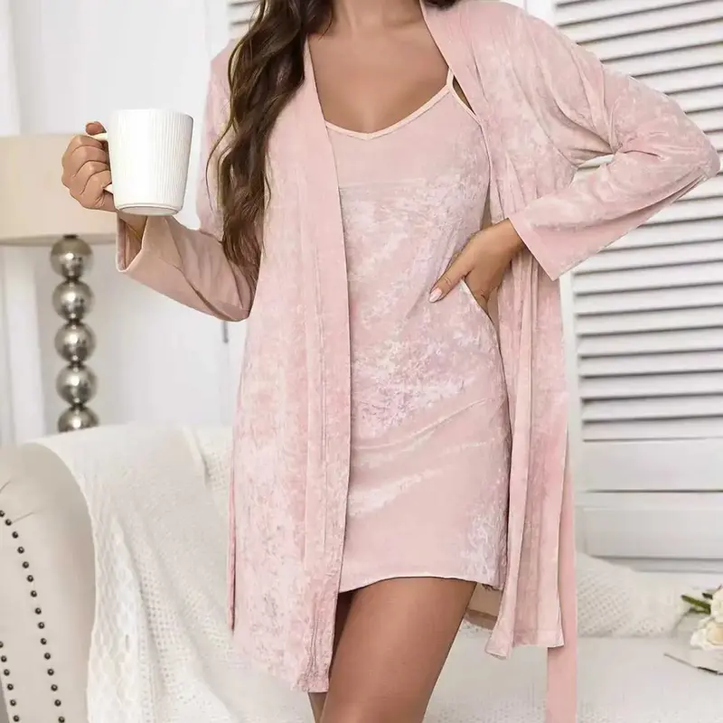 Women's Soft Velvet Plain Strap Nightdress Pj & Belted Robe Matching Set Outfit, Sexy Aesthetic Comfortable Fitted 2-Piece Pajama Suit, Casual Basic Loungewear Nightwear for All Seasons