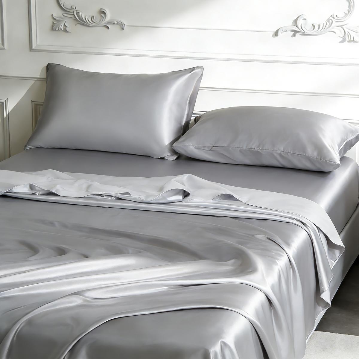 6-piece 100% polyester satin bed sheet set, including (1 fitted sheet + 1 flat sheet + 4 pillowcases), complete bedding set, solid color, machine washable - bedroom essentials, suitable for single, double, king, and queen size beds.