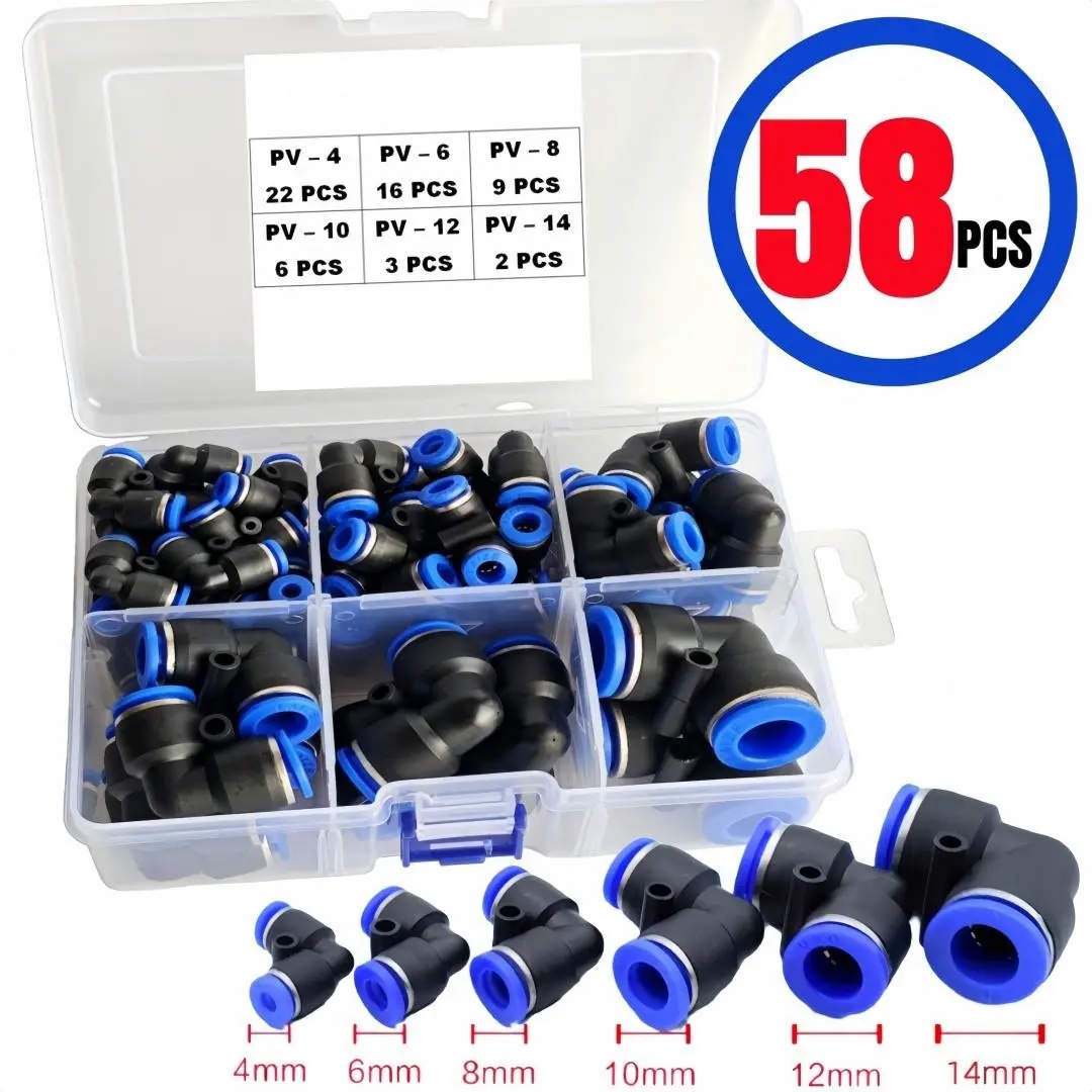 58 Piece Pneumatic Air Hose Fitting Kit, Push in Quick Connect Male Connectors, 4-14mm Multi Sizes, Polyurethane PU Tube Air Line Fittings Set