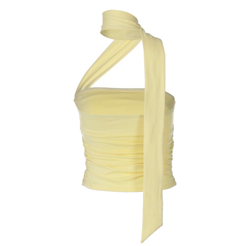 Adjustable Neck Tie Strapless Crop Top with Ruched Side Women's 2025 Fall New Slim Fit Solid Color Essential for Holiday Beach Party & Night Dating Outfits Ladies Casual Sleeveless Short Tank Vest