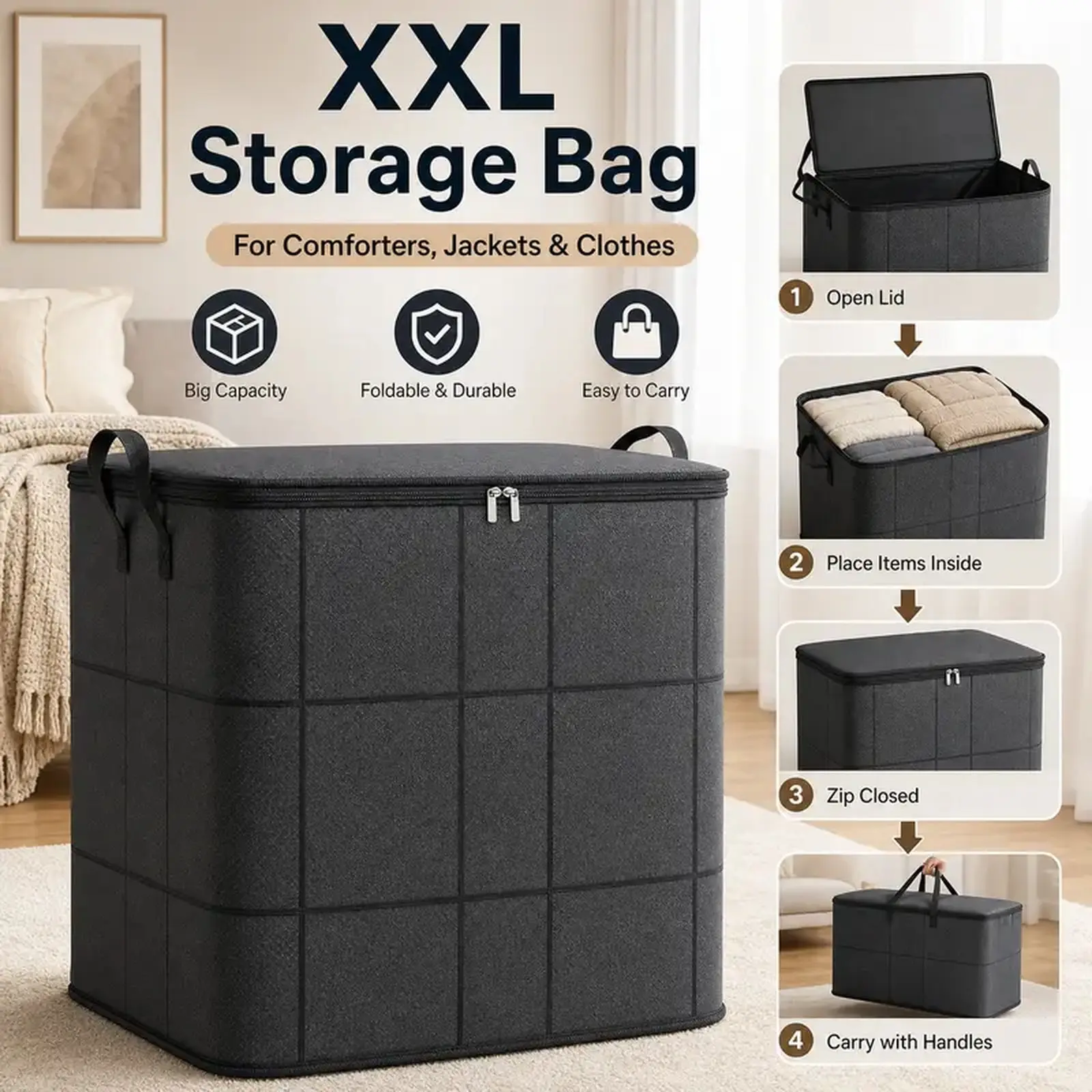Foldable Large Fabric Storage Bin with Lid & Secure Zipper, Water Resistant Closet Organizer, Multifunctional Storage Container for Home and Travel Carry-On