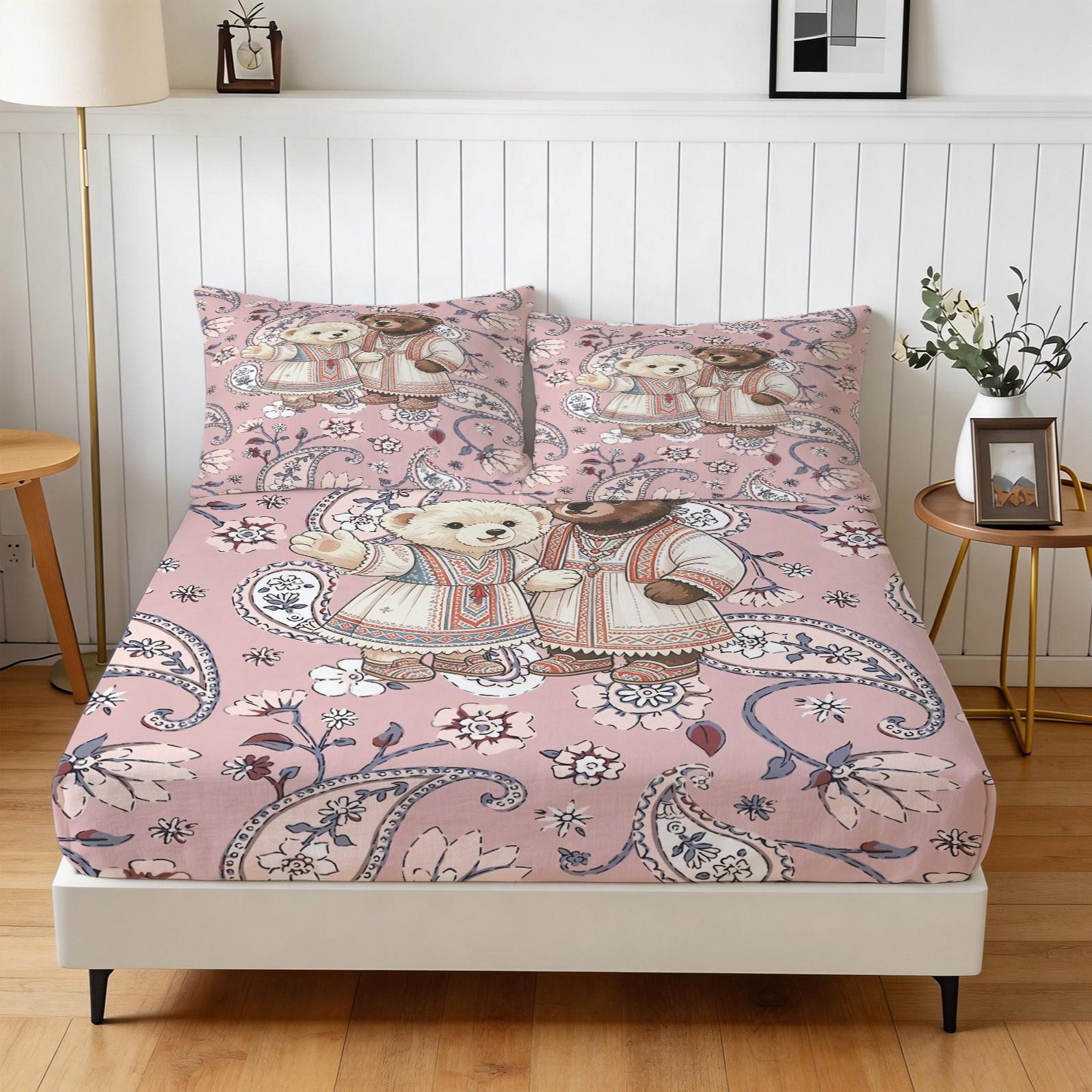 Ethnic Couple Bear Fitted Sheet Set, 3 Pieces (1 Fitted Sheet + 2 Pillowcases), Soft Skin-Friendly, Pink Paisley Floral Bedding, Deep Pocket, Cute Bear Print for Girls Teens Bedroom, All Seasons