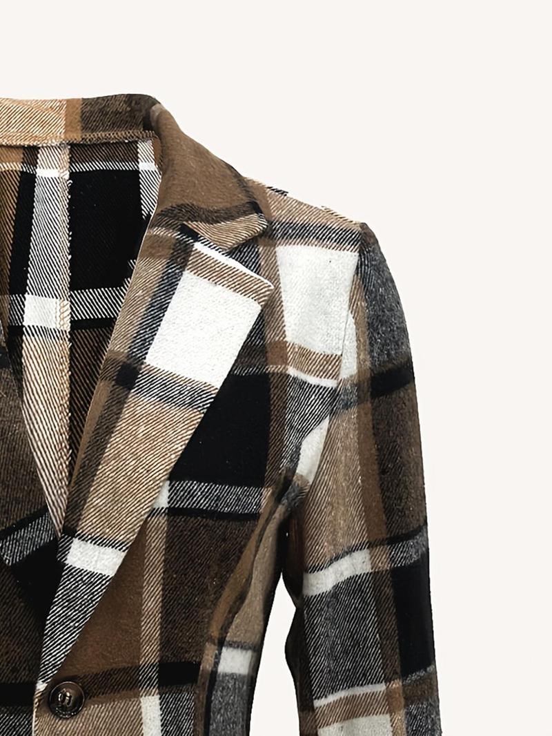 Women's Plaid Print Button Front Lapel Neck Coat, Casual Long Sleeve Outerwear for Fall & Winter, Ladies Clothes for Daily Wear, Jackets