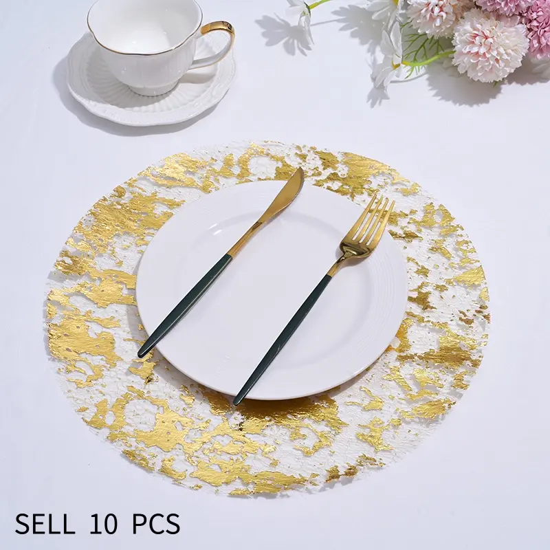 10 Pack Round Mesh Disposable Placemats With Shiny Gold Foil Accents, Premium Decorative Table Linens. The Upscale Design Upgrades Table Layouts For Home Dinners, Birthday Celebrations, Wedding Banquets And All Holiday Festive Tabletop Decorations.