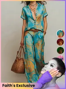 【Faith's Exclusive】Casual Vacation Chic Style Blouse with Pocket and Straight Pants, No Belt Included, Perfect for Leisure Wear