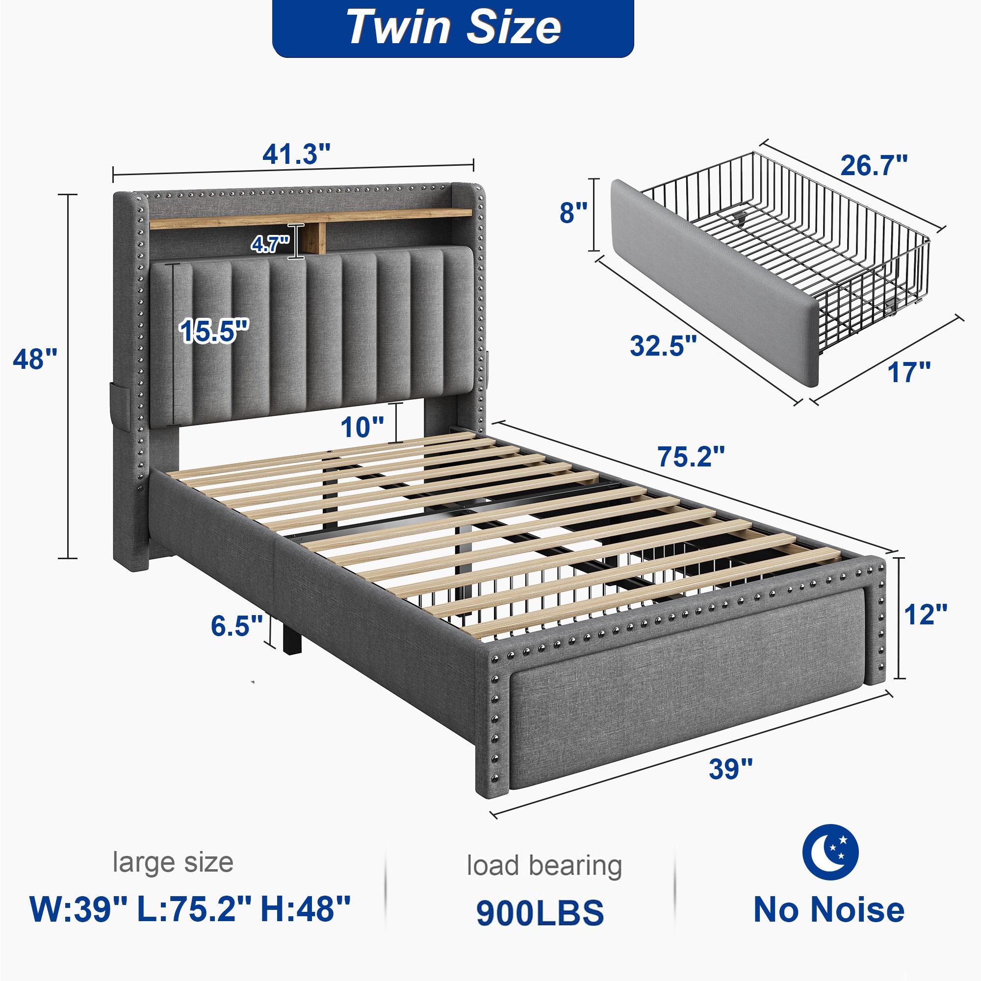 Bed Frame with 2 Storage Drawers, MATTRESS NOT INCLUDED, Bedframe with Headboard and Shelves, Upholstered Bed Frame for Queen, King, Full, Twin, NO Noise, No Box Spring Needed, Beige, Gray Bed Frame with 2 Storage Drawers, MATTRESS NOT INCLUDED, Bedframe with Headboard and Shelves, Upholstered Bed Frame for Queen, King, Full, Twin, NO Noise, No Box Spring Needed, Beige, Gray