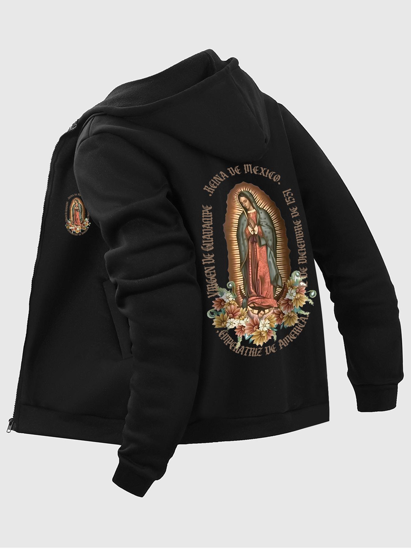 Men's Guadalupe Print Zip Up Hoodie, Casual Regular Fit Long Sleeve Hooded Sweatshirt for Fall & Winter, Men's Top for Daily Wear, Flower Hoodies