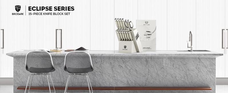 BRODARK Kitchen Knife Sets with Block and Built-in Sharpener, 15 Pcs Full Tang Professional Chef Knife Set, NSF Certified Food Grade Stainless Steel Cutlery Set, Ivory Series Outdoorfun