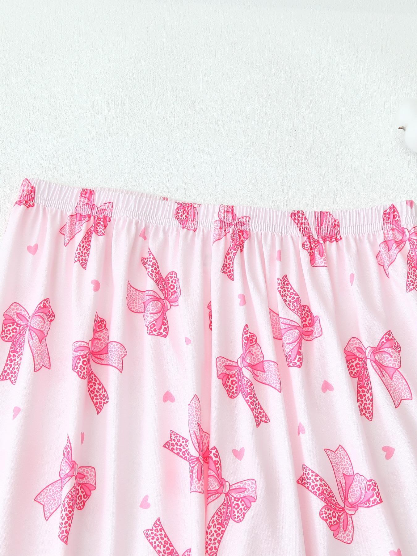 Women's Leopard Print Fitted Pajama Set with Bow Tie, Short Sleeve Shirt and Long Pants for All Seasons, Comfortable Casual Sleepwear