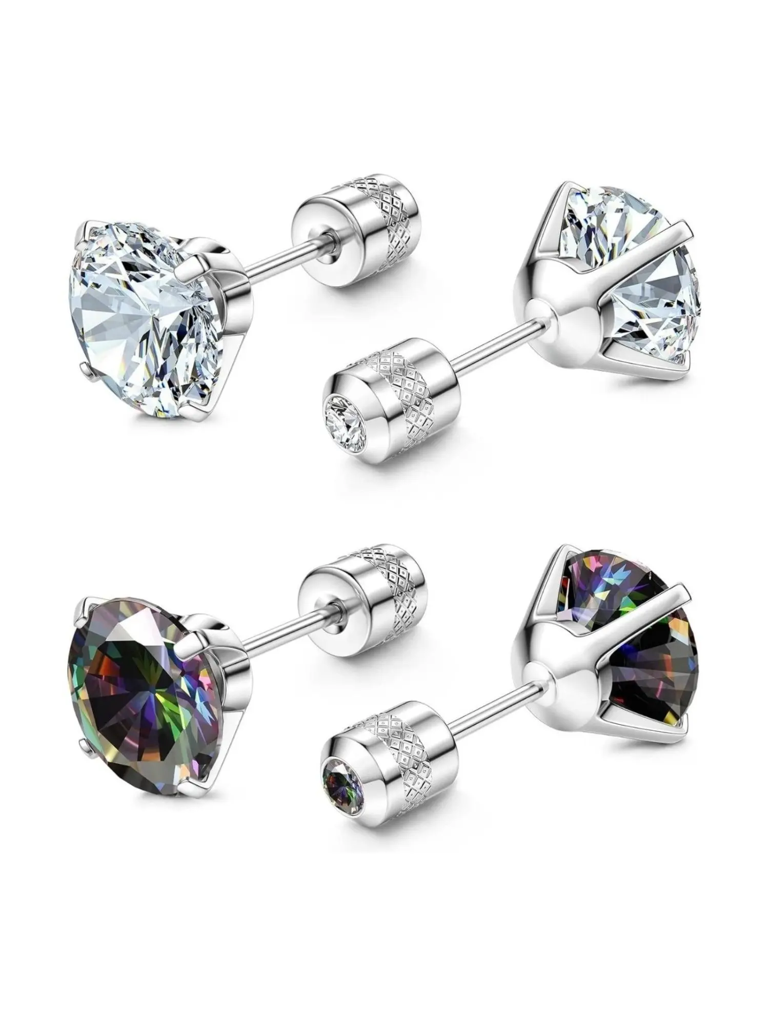 2 Pairs Titanium Stud Earrings for Men Women Hypoallergenic Surgical Steel G23 Implant Grade Titanium for Sensitive Ears Cubic Zirconia Screw Back Earrings Stud 3mm/4mm/5mm/6mm