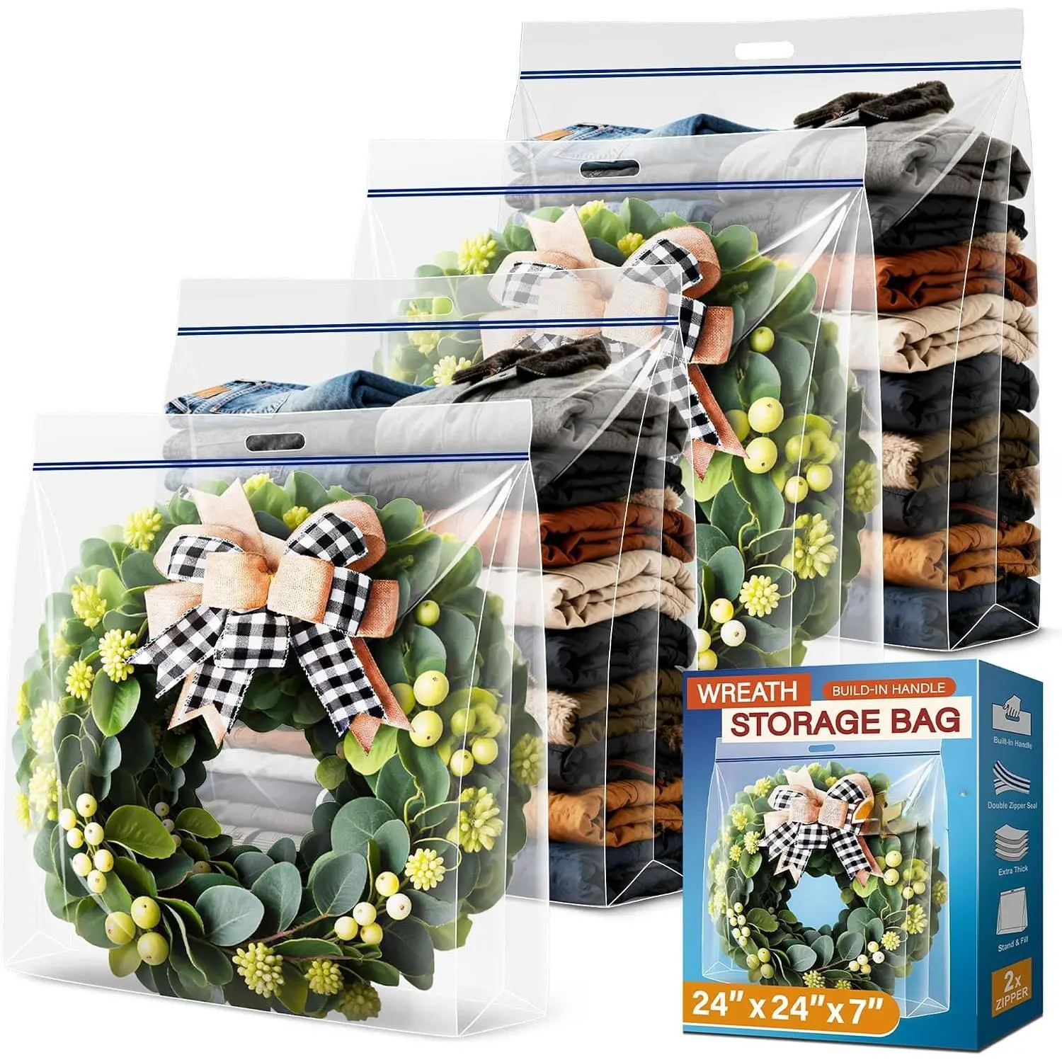 4 Pack 24"x24"x7"  Clear Plastic Wreath Storage Bag with Handle | Wreath Storage Container For Halloween Summer Christmas Decoration or Clothing Blanket Comforters Bed Sheets Pillows