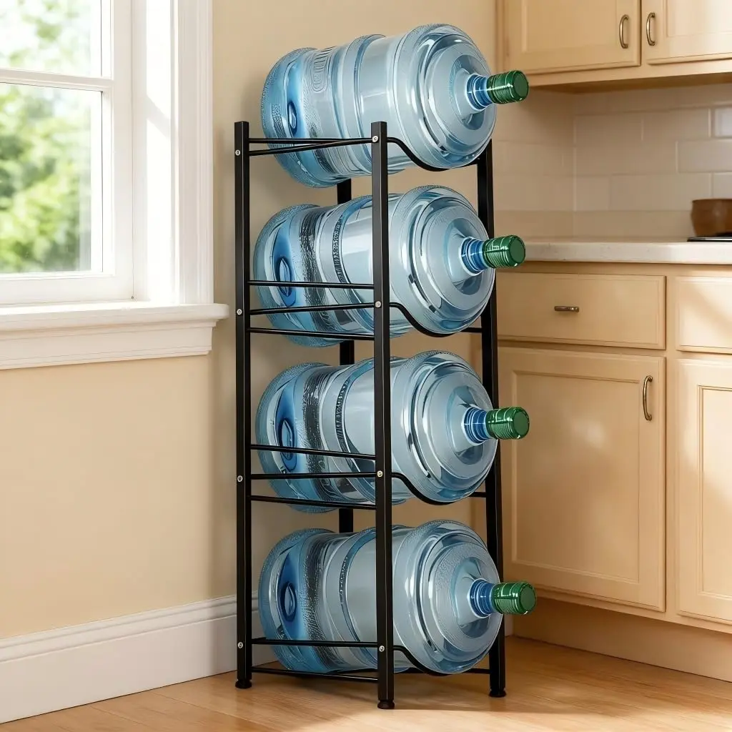 5 Gallon Water Bottle Holder 4 Tier Water Jug Holder Heavy Duty Water Cooler Storage Rack Detachable Water Dispenser Stand for Kitchen Office Garage Black