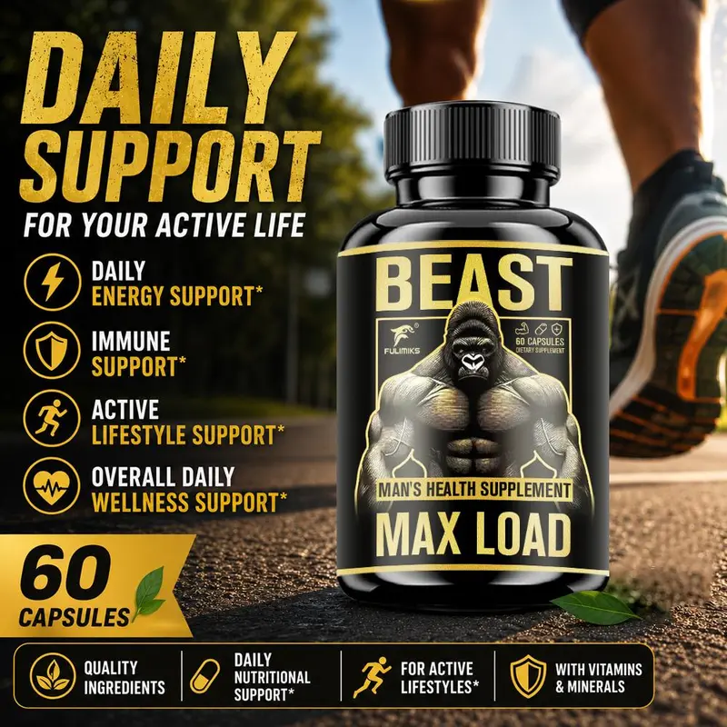 FULIMIKS Men's Dietary Fitness Healthcare Testo Support Capsules - Natural Herbs Formula with Max Load, Ashwagandha, L-Arginine, Tongkat Ali, Fenugreek, Panax Ginseng, Tribulus Terrestris, Maca Root, Boosts Immunity, Energy & Vitality (Packaging May Vary)