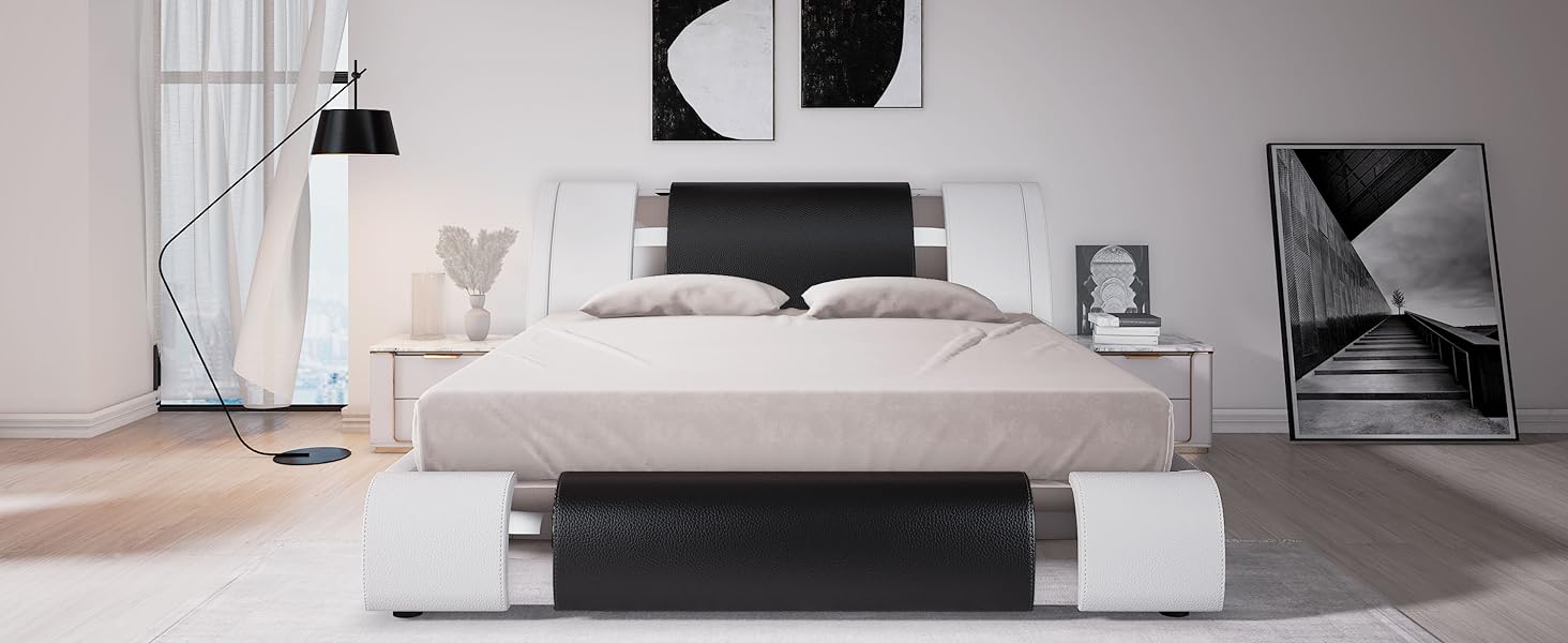 Allewie Queen Size Platform Bed Frame with Iron Piece Decor, Faux Leather Upholstered Bed with Curved Adjustable Headboard, Wooden Slats Support, No Box Spring Needed, Modern Style, White