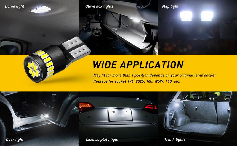 AUXITO 194 LED Light Bulb 6000K White/ Blue/Yellow /Red 168 2825 W5W T10 Wedge 24-SMD 3014 Chipsets LED Replacement Light Kit Error Free for Car Interior Dome Map Door License Courtesy Dash Lights, Pack of 10
