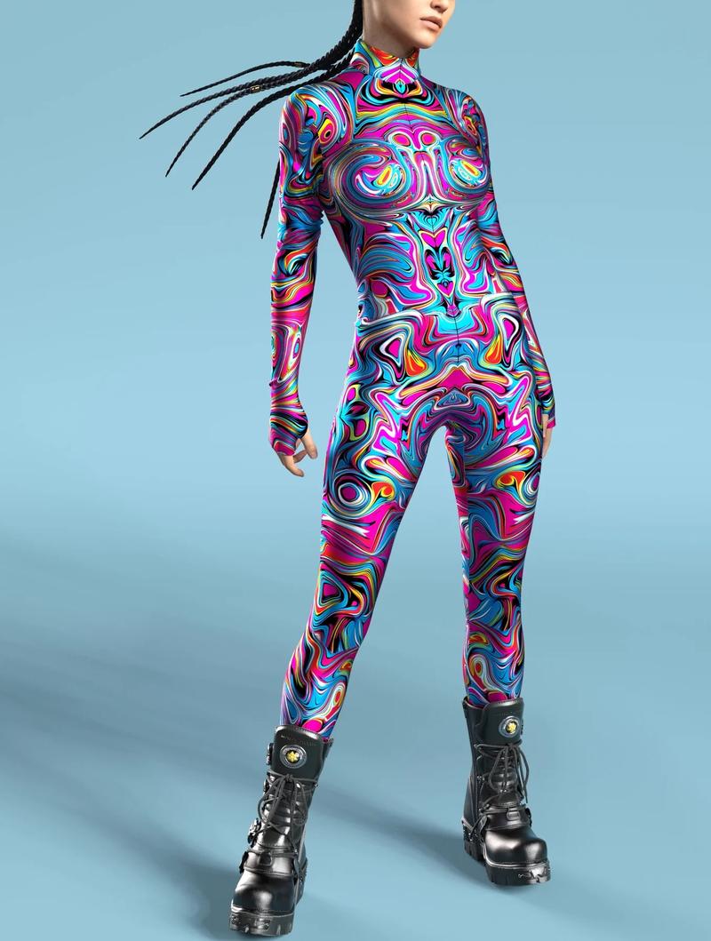 Colorful and dazzling spandex Lycra full body printed jumpsuit, Halloween costume, holiday party costume, pole dance costume, sports yoga fitness suit ava  wagner  costume Clothes Womenswear Multicolor Skinny Slim maid  outfits