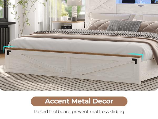 Hasuit Farmhouse Bed Frame California King Size with Storage Bookcase Headboard, Wooden Cal King Bed with LED Lights, Charging Station, 2 Drawers, Country Rustic Bed Frame with Sliding Barn Door