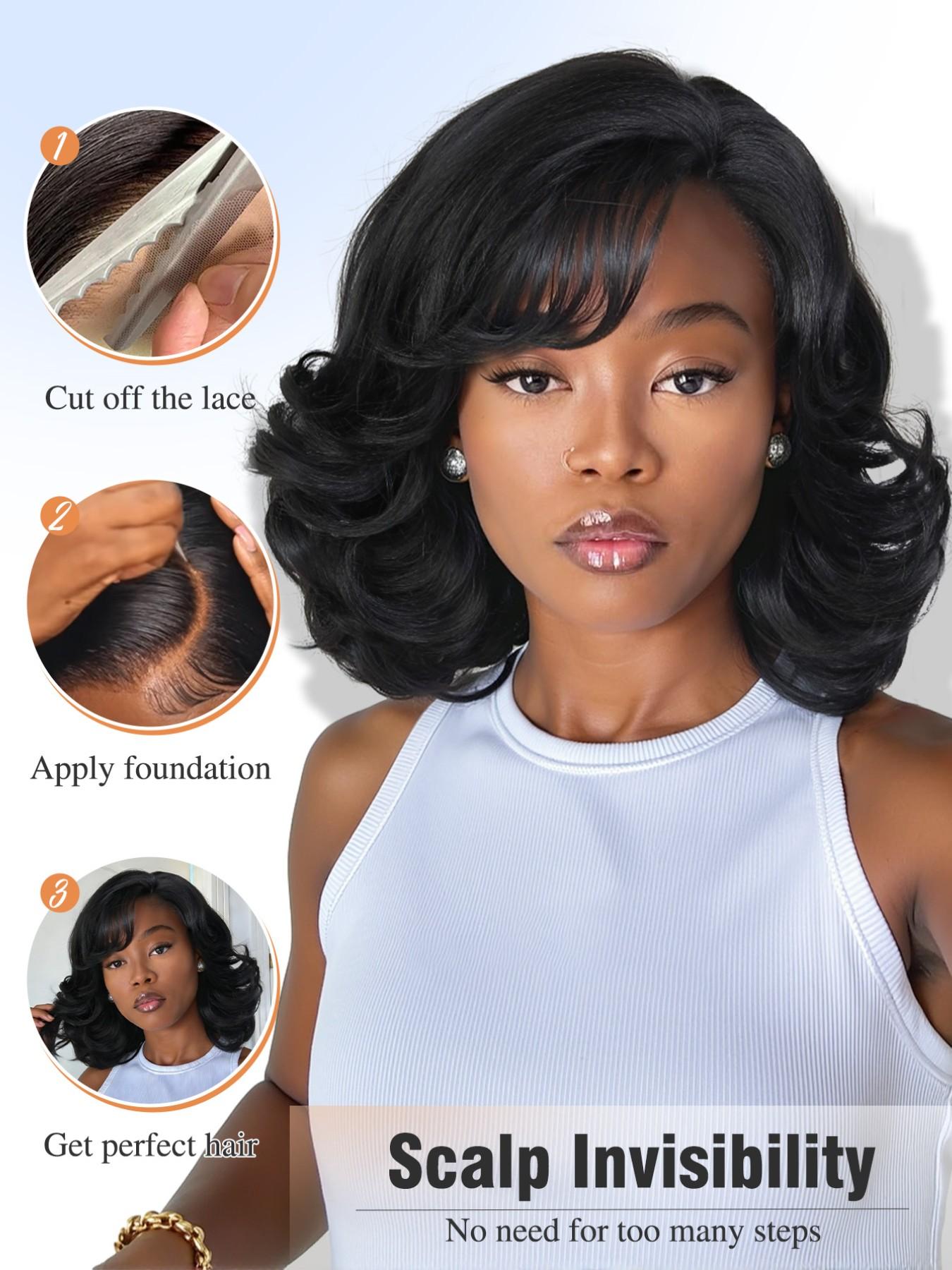 Curly Bob Wig with Bangs, Yaki Wavy Short Shoulder Length 