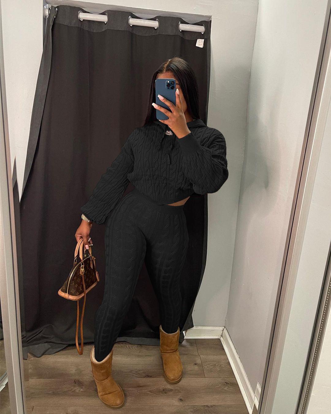 USBoutique Chic Two-piece Set Women's Solid Drop Shoulder Cable Knit Crop Sweater & High Waist Pants. Casual Fashion Cozy Plush Outfits for Daily Outdoor Wear, Women Clothes for Fall & Winter, Fall Outfits. Green Hoodie Girl, Drop Shoulder Sweater