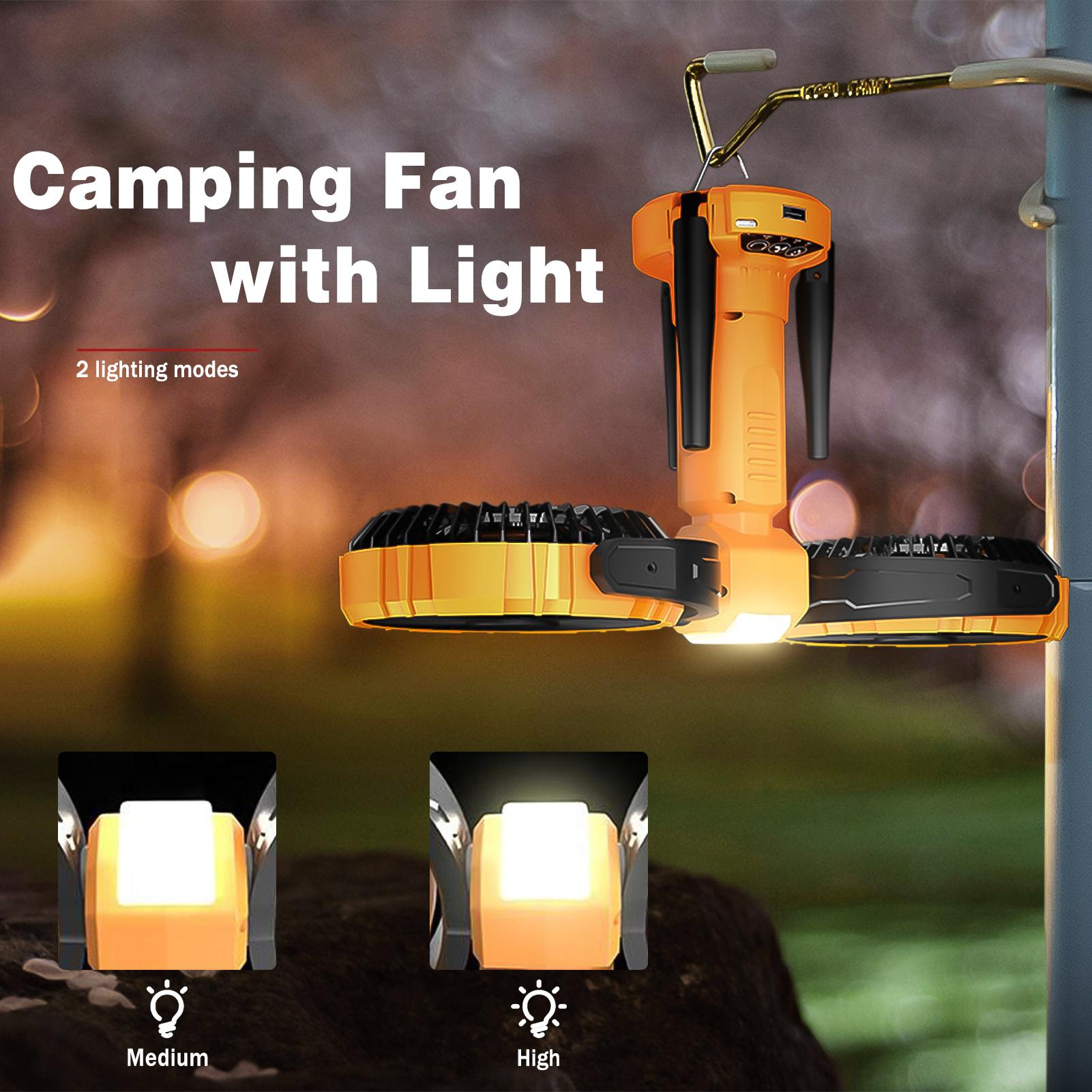 XTAUTO Rechargeable Camping Fan with LED Light, 8000mAh Battery Operated Portable Outdoor Fan, 270° Oscillating 360° Rotation Tent Fan for Beach Travel Fishing Home, Yellow Camping Fans