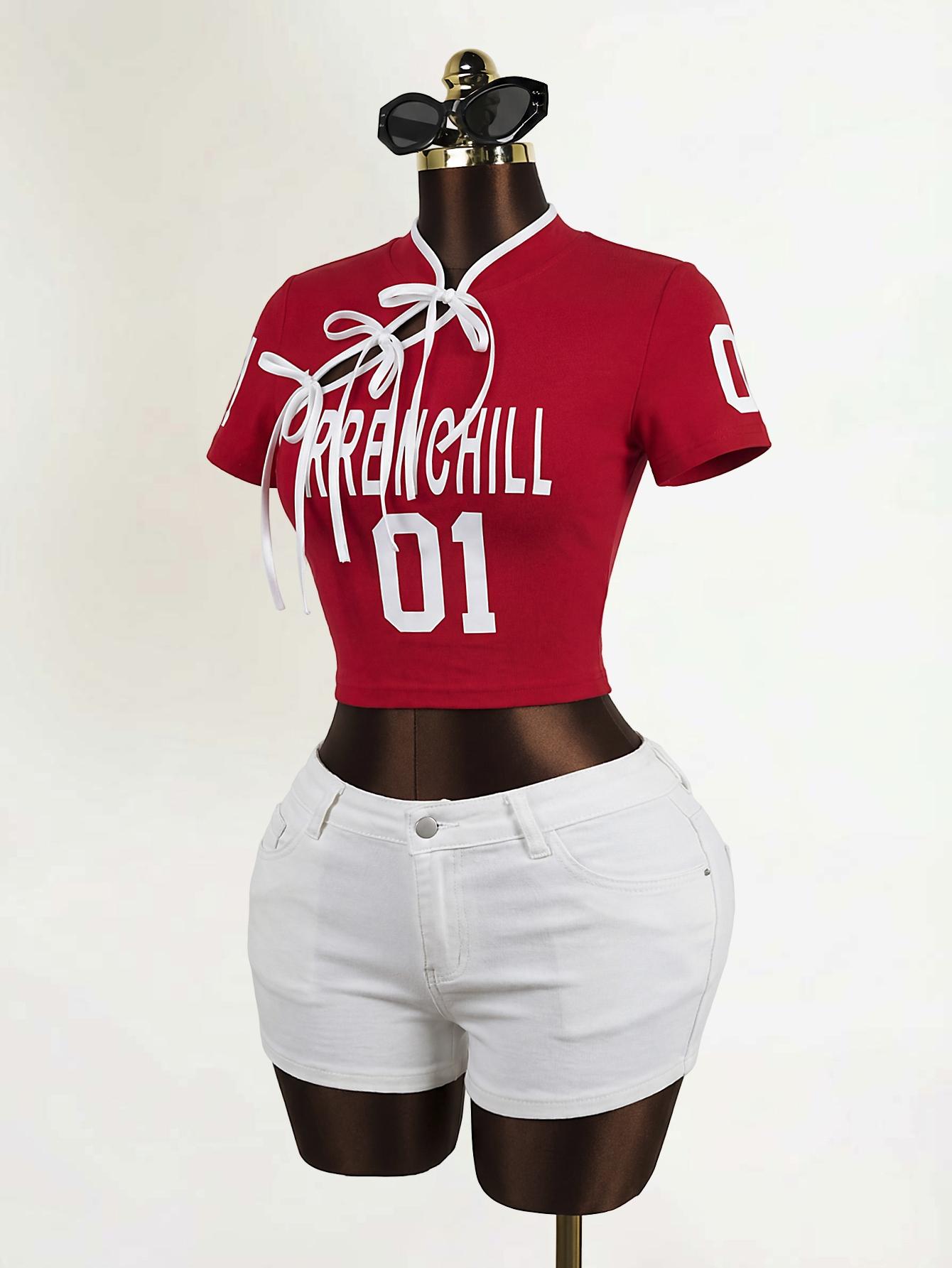 Tie Front Short Sleeve Crop Top, American Vintage Y2K Style, Sexy Sporty Casual Tee, Women's Fashion Top, Summer Wear