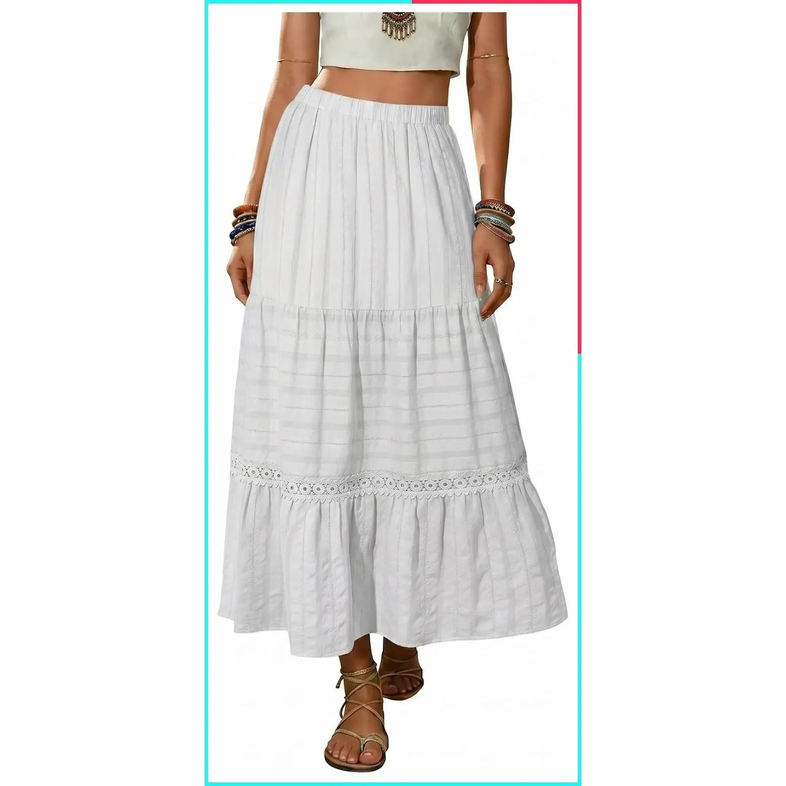 Women's Boho Tiered High Waisted Cotton Long Flowy Maxi Skirt, Elastic Waist, Crochet Lace, Double Layered, Pleated A-Line for Beach Vacation Summer Fall Outfits
