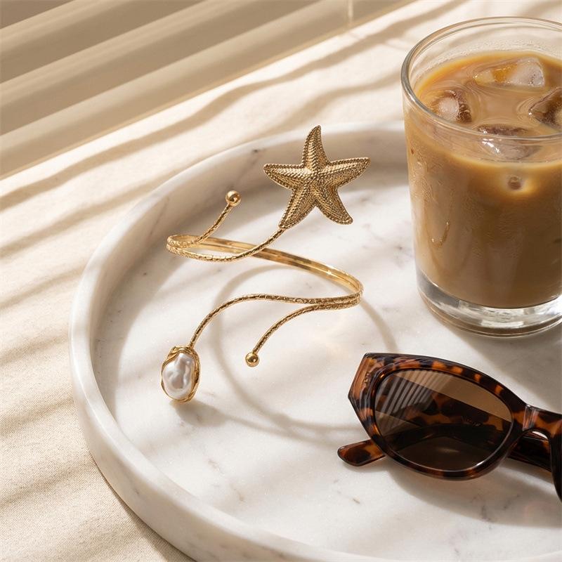 Elegant Starfish and Seashell Open Bangle Bracelet for Women Adjustable Metal Arm Cuff Jewelry Trendy Ocean Inspired Fashion Accessory Summer Beach Style