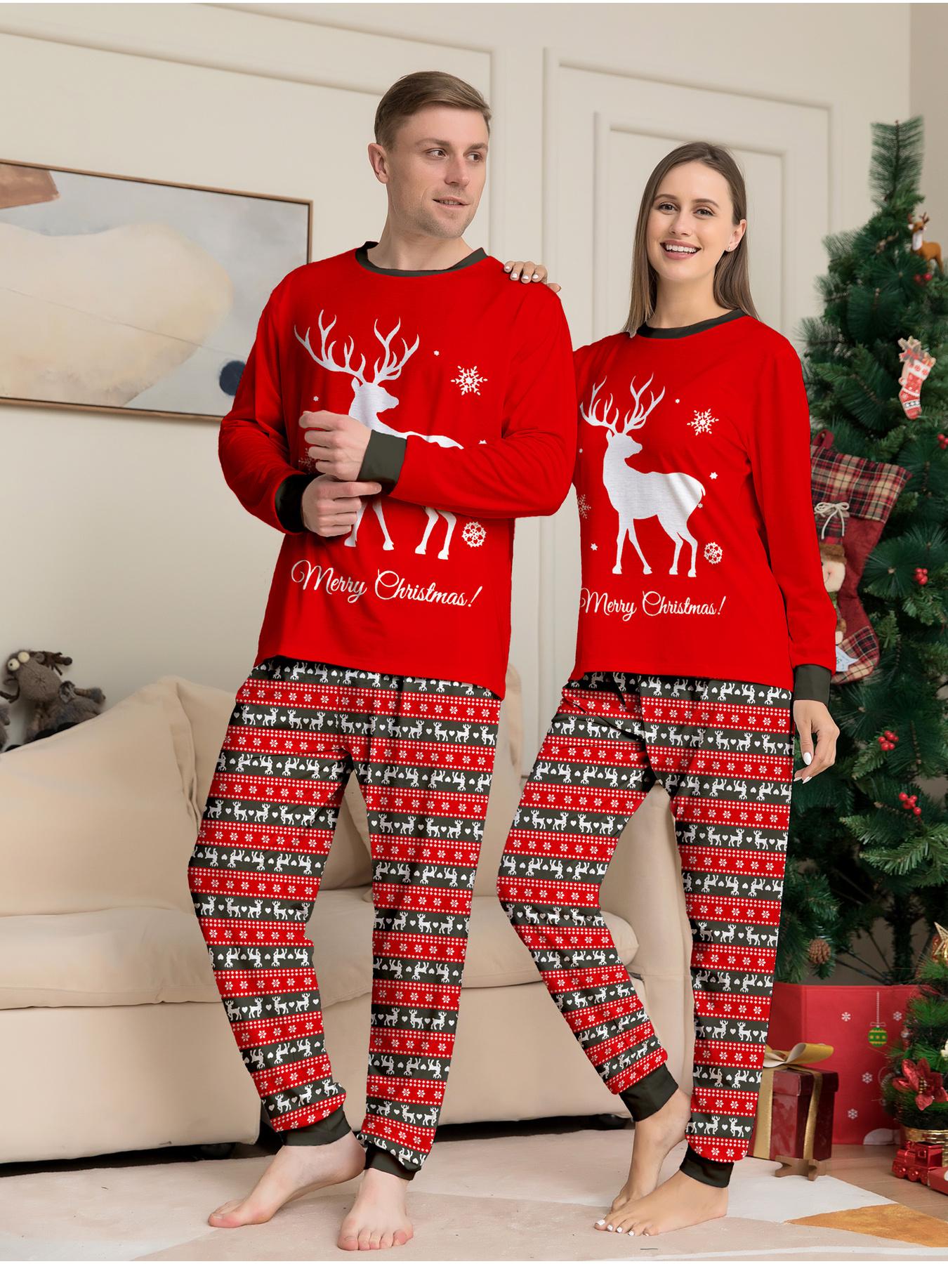 Christmas Elk Family Matching Pajamas Set 4 Pcs, Long Sleeve Red Xmas Printed Soft Warm Loungewear, Holiday Family Sleepwear for Men Women Kids, Christmas Gift Outfit