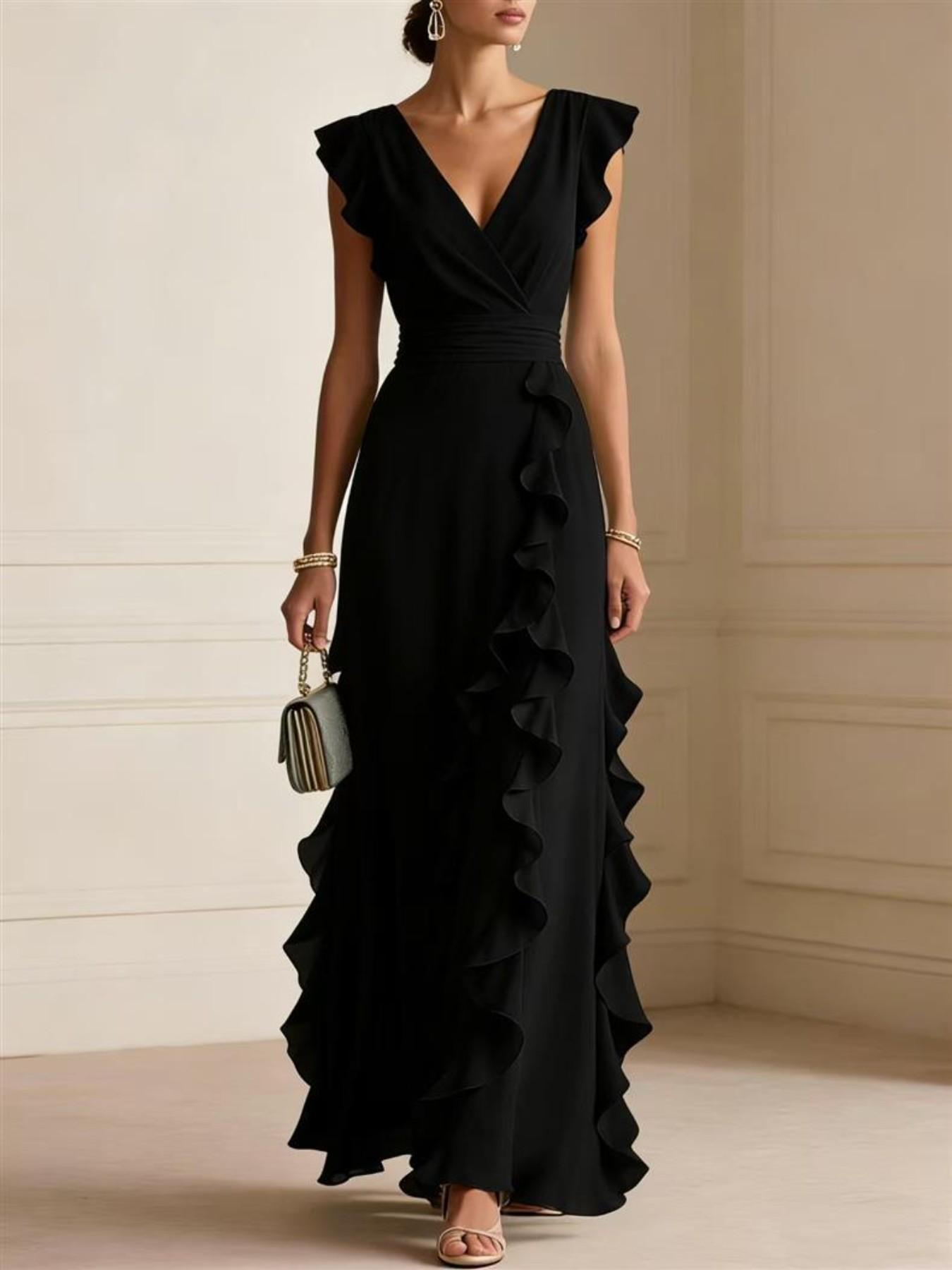 【XX72 Exclusive】Women’s Elegant Maxi Dress, V Neck Ruffle Dress, Flutter Sleeve Wrap, Formal Long Dress, Wedding Guest Evening Party Gown