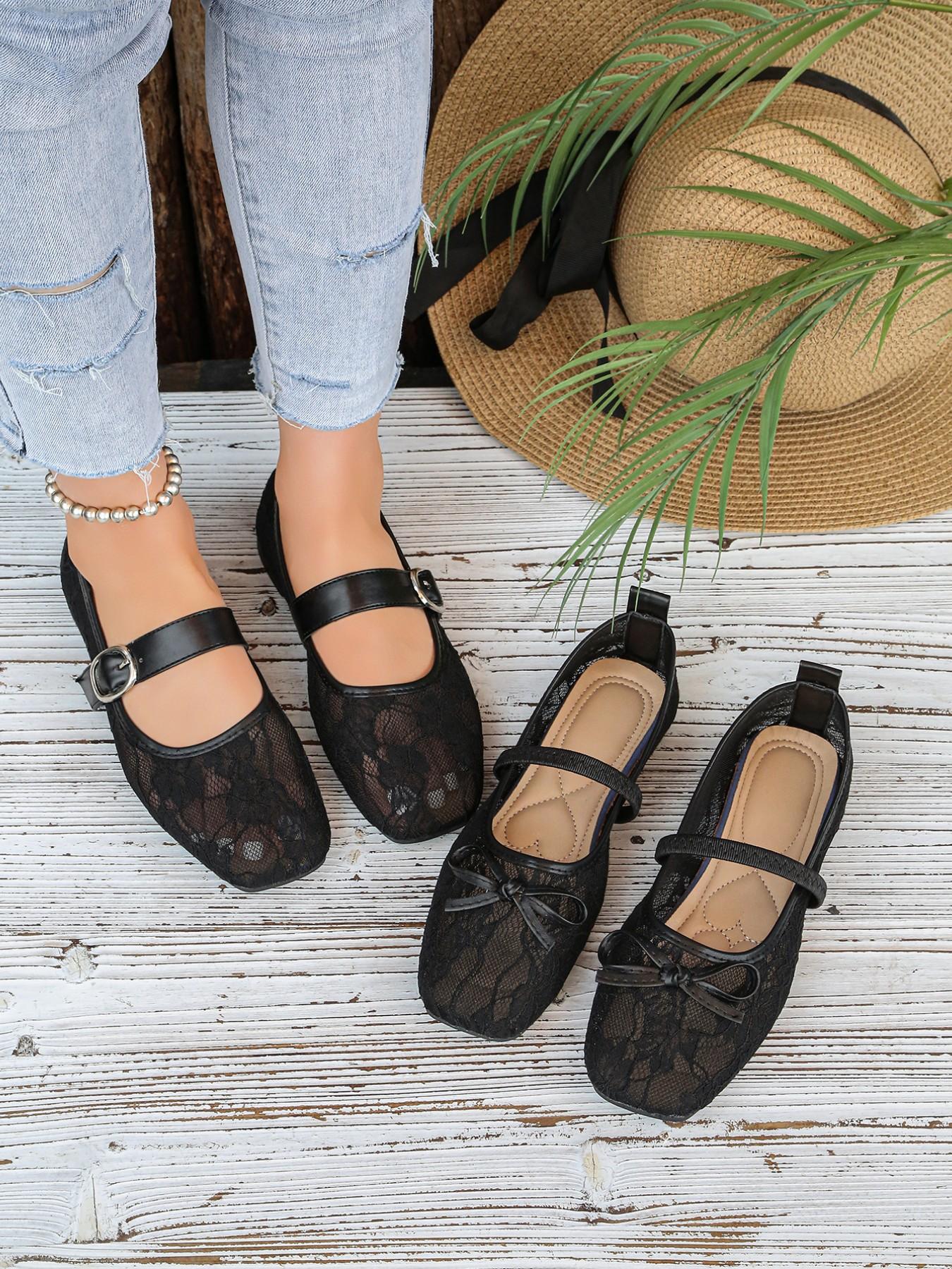 2026 Summer Hollow Out Mesh Square Toe Lace Mary Jane Shoes, Breathable Flat Shoes, Soft Sole Versatile Buckle Single Shoe