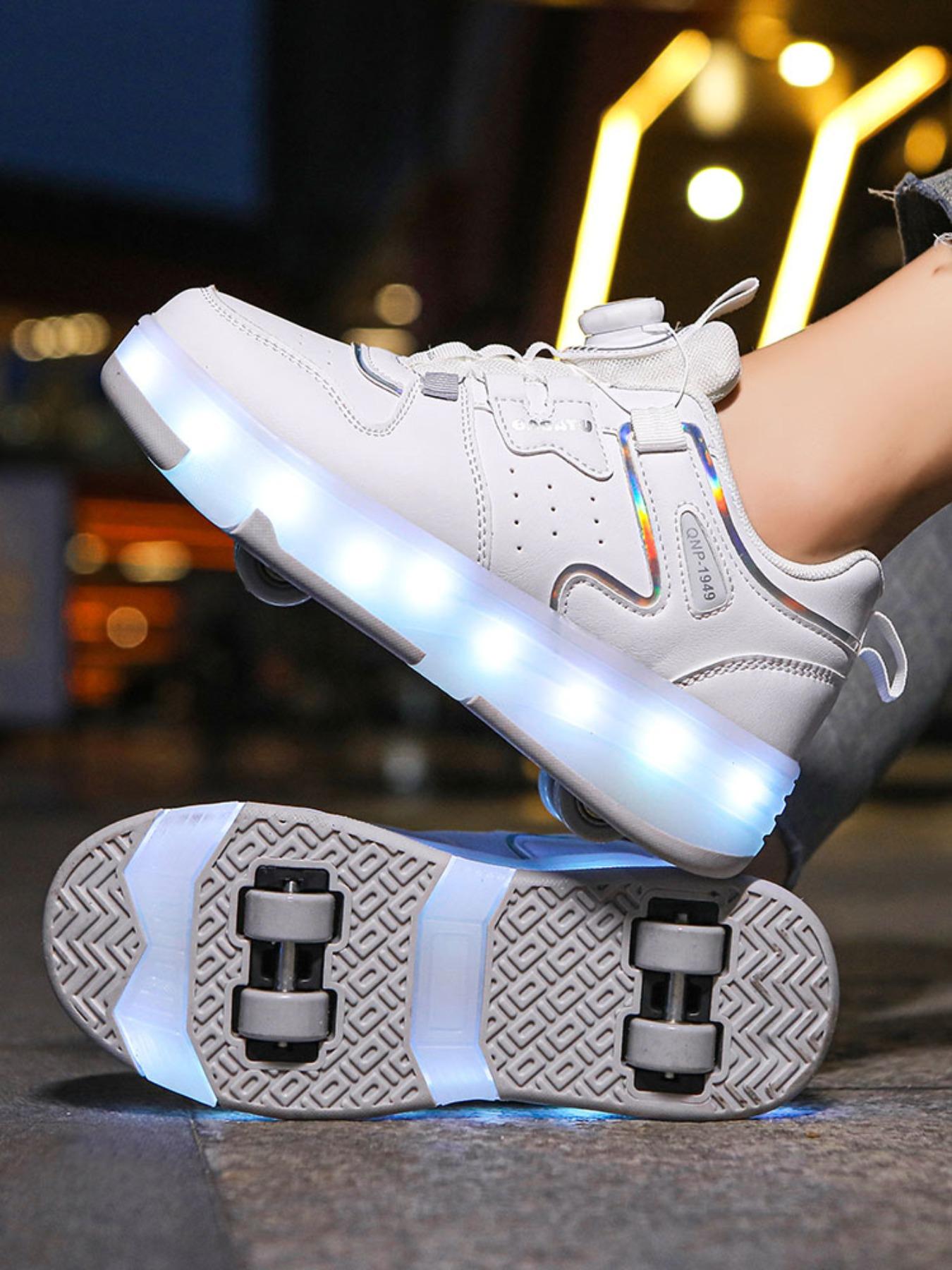 Girls' Four-Wheel Roller Skates, Adjustable LED Light-Up Shoes, PU Leather, USB Charging, Detachable Wheels, All-Season Casual Style